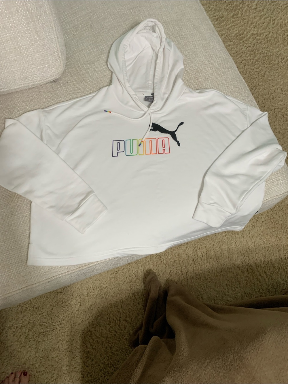Puma White croped Hoodie with Multicolor Logo